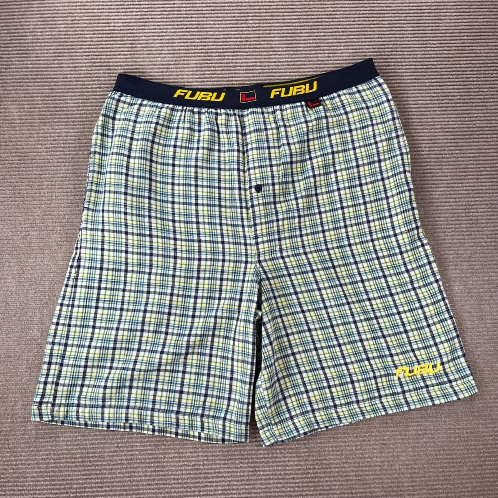 FUBU Vintage Plaid Pajama Shorts Mens XXL Yellow Navy Blue‎ Cotton Sleepwear Y2K